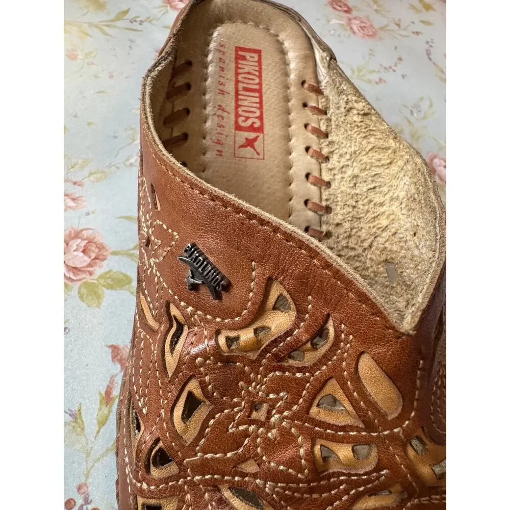 Leather Made in Spain Pikolinos Women’s Size 41 Cutout Floral Wedge Mules SlipOn
